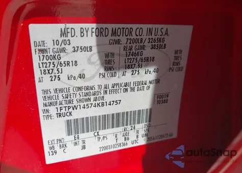 2004 Ford F-150 Fx4/Lariat/Xlt z USA, uszkodzony, nr VIN 1FTPW14574KB14757